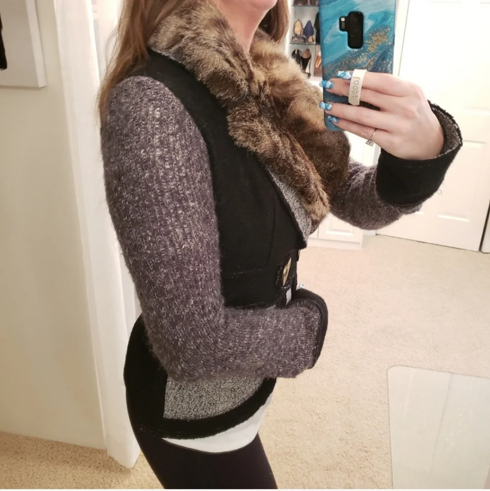Fantazia Tweed Jacket with Fur Collar Size Small Black & Gray NWT